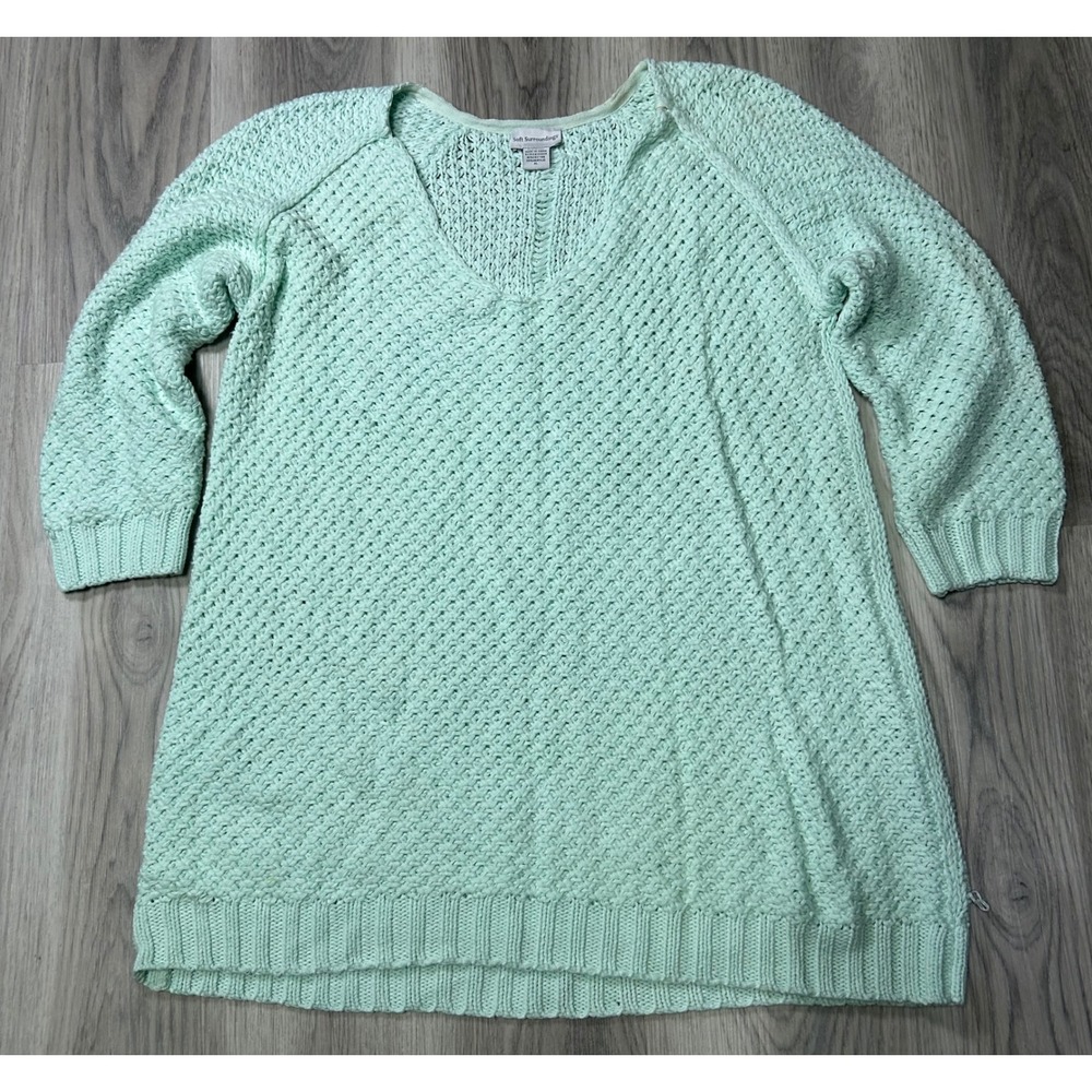 Soft Surroundings Womens V-Neck Open Knit Cotton Blend XL Mint Green Sweater